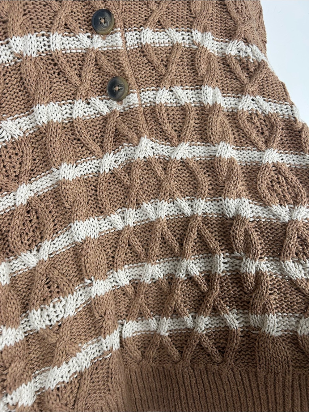Garnet Hill Linen Blend Cable Knit Striped Collared Henley Sweater Size Medium - Picture 5 of 7